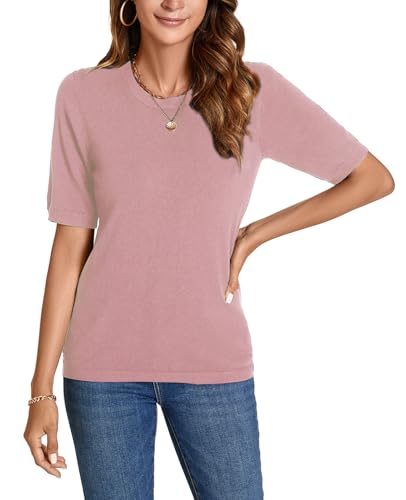 Image of Womens Short Sleeve Sweaters Tops Crew Neck Pullover Shirt Lightweight Knit Sweater Blouse