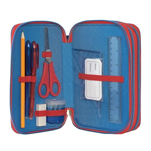 Franco Cosimo Panini Super Mario Federmäppchen für die Schule, offizielles Super Mario Federmäppchen, 3 Fächer, Jungen und Mädchen, mit Schreibwaren-Set, löschbarer Stift in Blau und praktischem