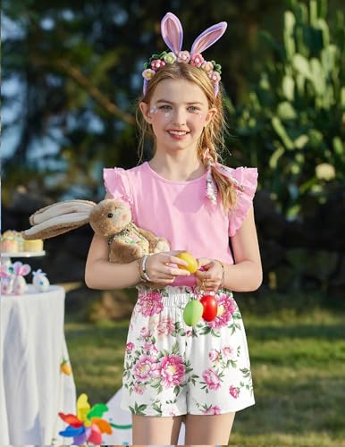 Image of Arshiner Girls 2 Piece Outfits Summer Clothes Ruffle Short Sleeve Shirts Top and High Waist Paper Bag Shorts Set with Pockets
