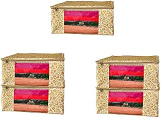 ANKIT INTERNATIONAL Golden Floral Printed Multi Purpose Saree cover/Storage Bag for Clothing, Toy, Stationery, Blanket, Saree & Suit Storage with Zip Closure (Pack of 6)