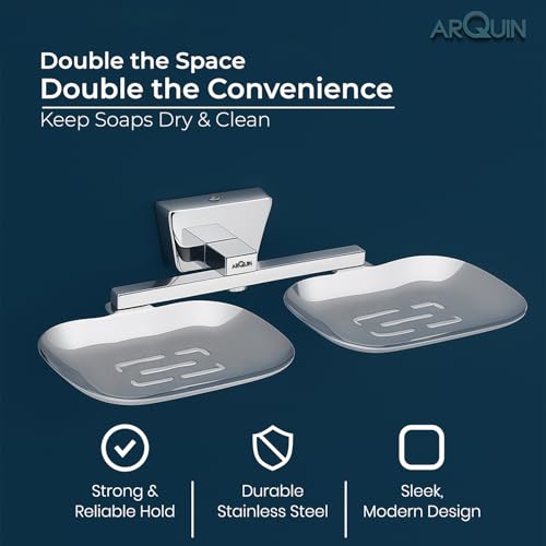 Image of ARQUIN ARQUIN Twin Soap Dish for Bathroom | Dual Soap Holder Bathroom Accessories Set | 304 Grade Stainless Steel Soap Dish | Soap Stand | Drainage Slots Soap Stand for Washbasin Aqua(Chrome)