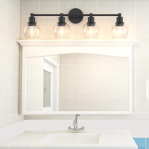 Image of 4 Lights Bathroom Vanity Light Fixtures Black, Bathroom Lights Over Mirror, Industrial and Farmhouse 4 Lights Wall Sconce, Matte Black Globe Vanity Lighting Fixtures