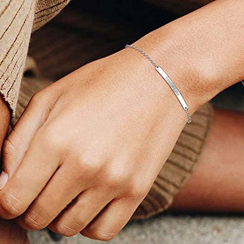 Chicsilver Women Inspirational Bar Bracelet 925 Sterling Silver Dainty Simple Handmade Link Chain Bracelet Adjustable Personalized Message Custom Name Id Friendship Bracelet Minimalist Jewelry #TOP1