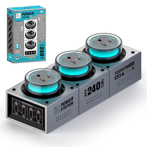 Mfish E-Tank 240W GaN Desktop Power Station, 7-in-1 Charging Hub with 3 AC Outlets & 4 USB-C Ports (Up to 140W PD 3.1), RGB Desk Power Hub for Gaming Setup, Creator Workstation & Home Office