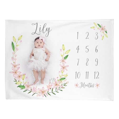 Lily Flower Baby Milestone Blanket for Girl, Personalized Soft Plush