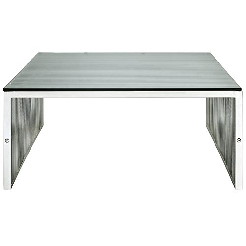 Modway Gridiron Stainless Steel Coffee Table With Tempered Glass Top #TOP2