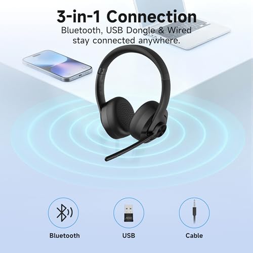 AOC Wireless Headset with Mic for Work, Bluetooth 5.4 Headphones with Noise Canceling Microphone, USB C, 30H, Clear Calls & Mic Mute for PC, Laptop, Cell Phones, Zoom - Black - Image 6