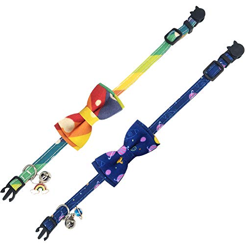 KUDES Cat Collar Breakaway with Cute Bow Tie and Bell Charms, 2 Pack/Set Adjustable Safety Buckle Printed Pet Collars for Kitty Puppies and Other Small Animals (Rainbow & Space) - Thumbnail 2