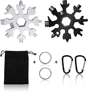 Snowflake Multi Tool, Vakki 2 PCS 19-in-1 Stainless Steel Portable Snowflake Wrench Hexagon Wrench Screwdriver, Allen Wrench,Bottle Opener with Carabiner Clip, Key Ring and Storage Bag(Black&Silver)