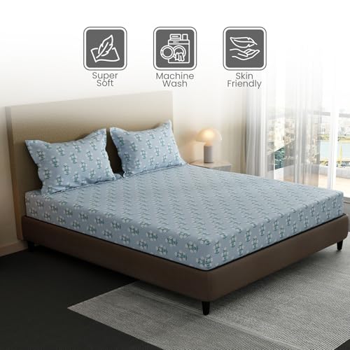 Image of Layers 100% Cotton Fitted Sheet for King Size Bed | Lumina Floret Collection | 144 TC Soft & Breathable | Floral Print with 2 Pillow Covers | Wrinkle Free & Colorfast | 3 Pc Bedding Set - Blue