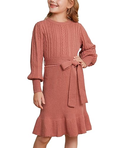 GRACE KARIN Girls Sweater Dress Cable Knit Long Sleeve Fall Winter Dress for Girl with Belt Sizes 6-14