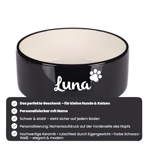 Hundenapf personalisiert aus Keramik S 400ml Schwarz – rutschfest, leicht & hygienisch – Futter- & Wassernapf mit Namen für kleine Hunde & Katzen