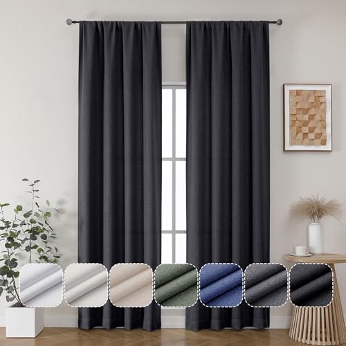 Lecloud Estelle 96 Inch Black Light-Filtering Curtains, Soft Herringbone Textured Curtain Panels, Rustic Curtains for Dining Room/Living Room Home Decor (Each 40 W x 96 L, 2 Panels Set, Black)