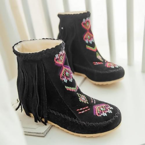 Women's Retro Fringe Moccasin Boots Low Heel Ankle Boots Slip On Comfy Warm Classic Booties4