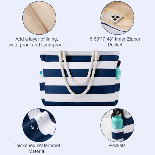 Beach Bags for Women - Large Beach Tote Bag Waterproof Sandproof with Zipper, Swiming Pool Bag4