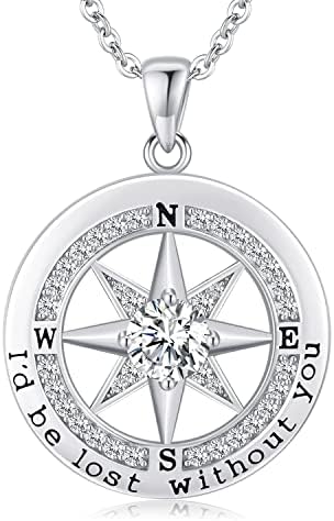 S925 Necklace Gift for Wife, Compass Jewelry Women Anniversary, Sterling Silver Girlfriend Birthday Gifts for Her, Valentines Day Necklaces, I'd be Lost without You Jewel 18K White Gold