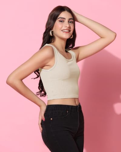 Image of TOPLOT Women's Solid Ribbed Round Neck Sleeveless Slim Fit Tank Top (5069)