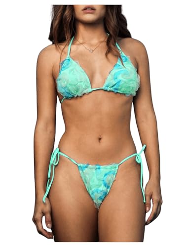 MakeMeChic Women's 2 Piece Bikini Set 3D Flower Halter Triangle Tie Side Bathing Suit