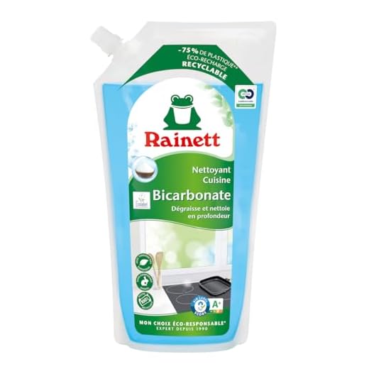 RAINETT - Nettoyant & Dégraissant Cuisine au Bicarbonate - Haute Efficacité Dégraissante & Désincrustante - Poche 100% Recyclable - Ecolabel - Eco-Recharge 1 L