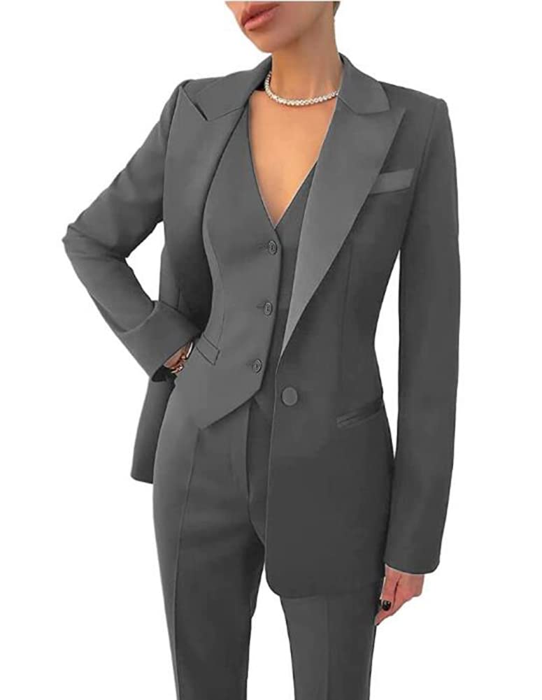 Leader of the Beauty Women's 3 Piece Office Work Blazer Vest Pants Business Pants Suit Set Prom Party Suit Grey
