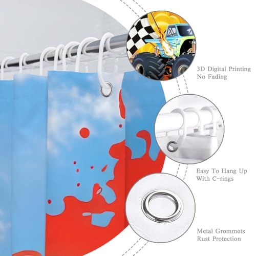 Image of Monster Truck Shower Curtain Cool Cartoon Racing Car Boy Home Bathroom Decor Waterproof Fabric 72Lx72W Inch with Plastic 12PCS Hooks