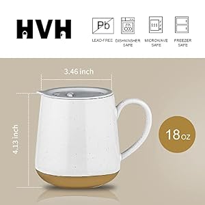 HVH Ceramic Coffee Mug with Lid 17oz Coffee Mugs Set of 4 Ceramic Coffee Cups Set with Large Handle Large Ceramic Mug with Lid for Coffee Tea and More Farmhouse Style White