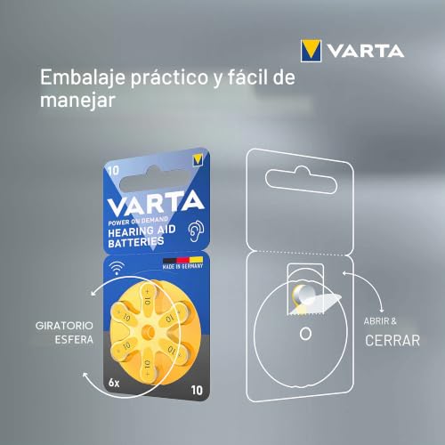 Miniatura 7 de VARTA Pilas para aparatos auditivos tipo 10 amarillo, paquete de 60, Power on Demand, batería de audífono, pilas de botón para audífonos, Made in Germany | wireless approved para audífonos Bluetooth, Tamaño p10, tecnología zinc-aire, sin mercurio, en dispensador, Made in Germany
