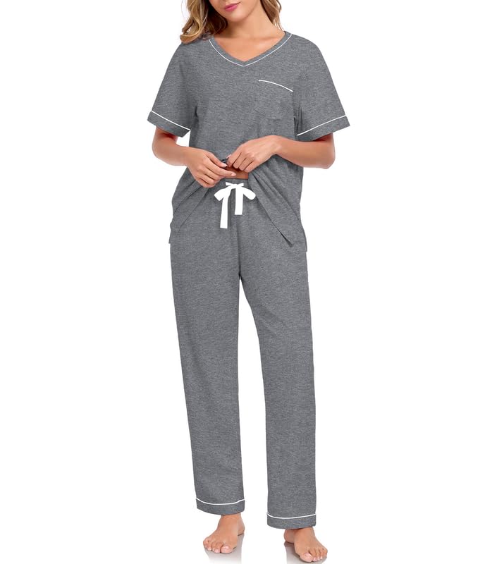 COLORFULLEAF Pyjama pour femme en coton à manches courtes - Ensemble de pyjama confortable pour femme - Tenue d'été légère - Pantalon 7/8