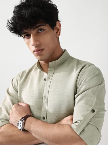 Image of Urbano Fashion Men's Linen Blend Full Sleeve Relaxed Fit Mandarin Collar Casual Solid Shirt