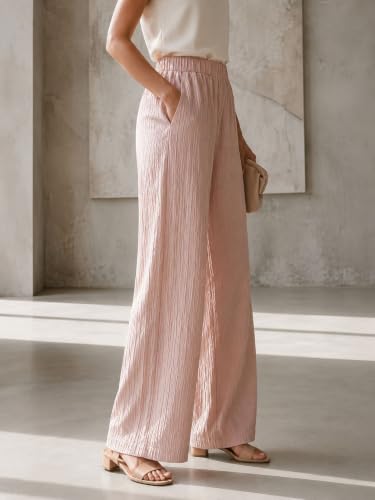 Image of Women's High Waist Wide Leg Trousers | Textured Crinkle Palazzo Pants | Elastic Waist Casual Formal Office Wear Trousers | Comfortable Lightweight Bottom Wear for Women