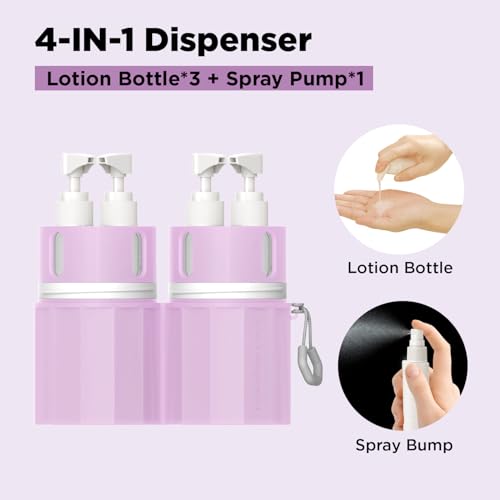 4 in 1 Travel Toiletry Containers,TSA Approved Refillable Travel Size Toiletries Bottles Set with Suction Cup for Smooth Walls - for Shampoo,Conditioner,Body Wash,Lotion.(Pink)4