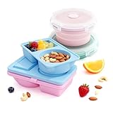 Silicone Snack Containers Set - 4 Pack Reusable Leakproof Bento Boxes with Lids, 2 Collapsible & 2 Dual Compartment Mini Food Storage for School, Sports, Meal Prep - Microwave & Dishwasher Safe