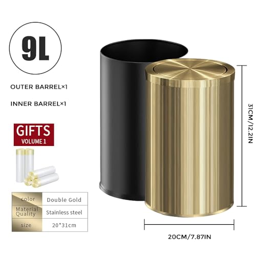 Image of 9 Liter /2.4 Gallon, Gold Trash can with Swing lid, Brass Small Trash can, Gold Trash Bin with Lid for Office, Living Room,Bathroom,Restaurant Bathroom