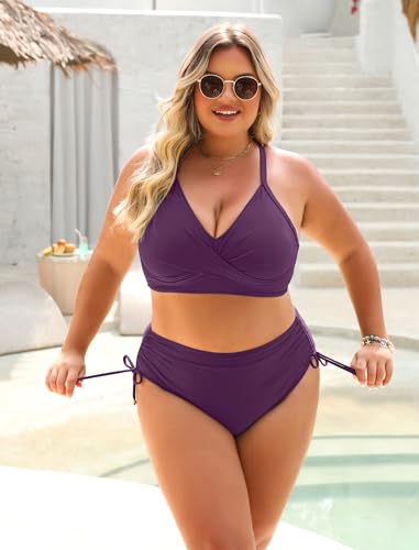 Image of Blooming Jelly Womens High Waisted Bikini Sets Drawstring Tummy Control Swimsuits Crisscross Tie Back Bathing Suit