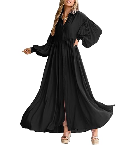 Image of chouyatou Women's Casual Long Sleeve Button Down Shirt Dress Elegant Pleated Flowy Swing Maxi Dress