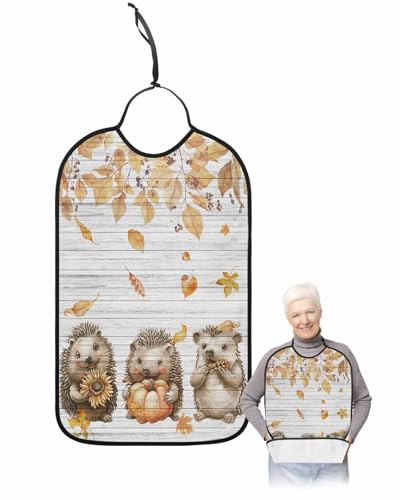 LEOKOTI Fall Hedgehog Adult Bibs for Eating, Waterproof Bibs with Food Catcher & Adjustable Snap Closure, Pumpkins Maple Leaf Vintage Washable Clothing Protectors Adult Bibs for Elderly Women/Men