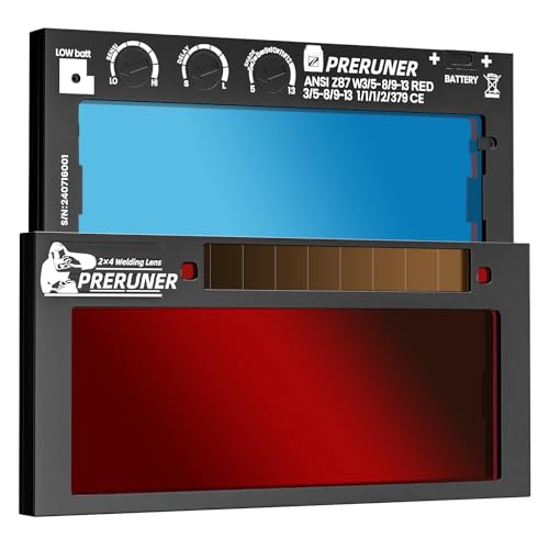 PRERUNER Flex Series Red Shade 5-13 Auto Darkening Welding Lens 2x4-1/4, Adjustable Welding Lens with Sensitivity & Delay Control, Teal Clarity View for Welding Hoods