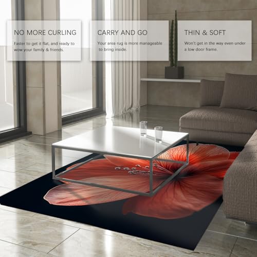 Grandes fleurs rouges tapis noir lavable et résistant - 4