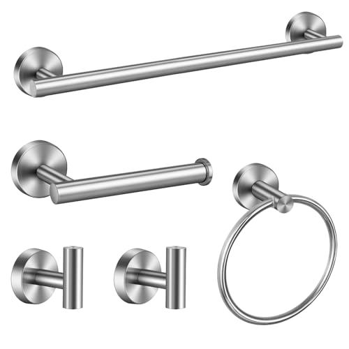 sunzone Juego de Accesorios de Baño de 5 Piezas, Juego de Toallero de Baño Plata Cepillada, Barra de Toalla de 16 Pulgadas, Anillo de Toalla, 2 Ganchos para Toallas de Bata, Soporte de Papel Higiénico