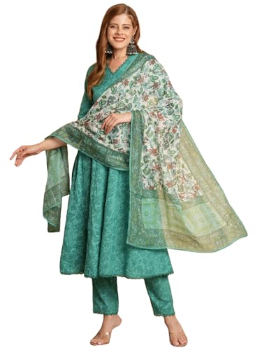 Kurta en coton mélangé vert ensemble premium avec pantalon finitions soignées L