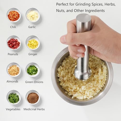 Miniatura 5 de Mortero Con Mano - Mortero Cocina - Mortero De Acero Inoxidable 304 Con Tapa Pe, Diámetro 10 Cm - Antióxido, Duradero - Para Moler Especias, Hierbas, Ajo, Nueces