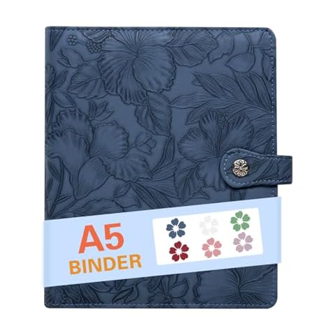 AZXCG A5 Notebook PU Leather Binder,6 Ring Refillable Journal,Press Button,Embossed Leather Binder for Women(Dark Blue) Cover