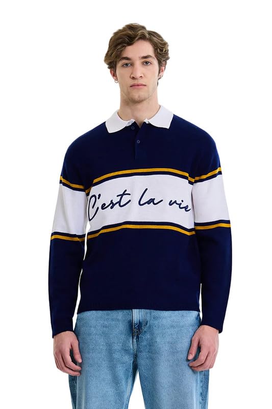 snitch Men's Sweater | Polo Collar Long Sleeve Pullover, 'C'est la Vie' Print & Striped Pattern | 100% Cotton Casual Knit Pullover for Winter Wear-picture-34