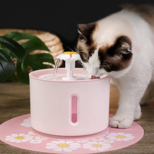 Image of Cawypety Cat Drinking Fountain, Water Dispenser for Cats with Water Level Window, Cat Flower Art Water Bowl, Hygiene Filter, Pet Drinking Fountain (Pink)