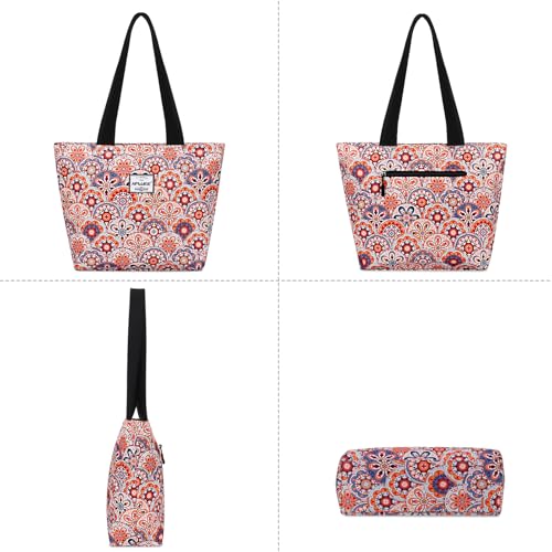 HAWEE Tote Bag with Zipper for Women Inside Mesh Pocket Heavy Duty Casual Anti-water Cloth Travel Shoulder Handbag, Orange Flower — view 3