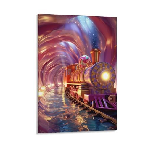 Impression sur Toile Train Starry Night : Peinture Décoration Murale Maison 50x75cm