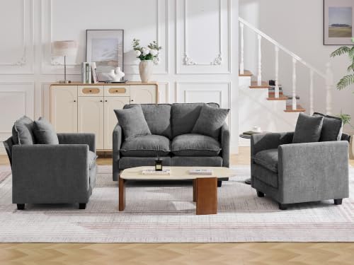 Image of Cloud 3 Pieces Sofa Set, 1+1+2 Seater Couch, Modern Sofas Sets with Deep Seat, Modular Sectional Couches Sets for Living Room, Bedroom, Small Apartment, Dark Grey
