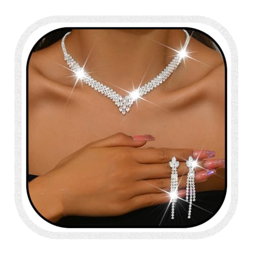 Zoestar Ensemble de Bijoux de Mariée en Cristal, Strass Argentés, Collier et Boucles d'Oreilles, Cristaux Scintillants, Costume de Bal de Promo, Parure de...