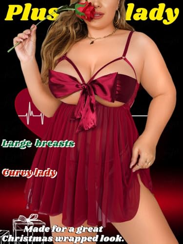 Image of SSoShHub Women Babydoll Lingerie Plus Size Net Chemise Front Ribbon Halter Nightwear Teddy Nightgown Babydoll Lingerie Female Wedding Nightgown bodybikini