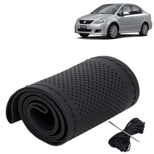 Image of KINGSWAY PU Leatherite Car Steering Cover Sewable Compatible with Maruti Suzuki SX4 (Year 2007-2013), Black Color with Black Thread, Pack of 1 with Sewing Needle and Thread